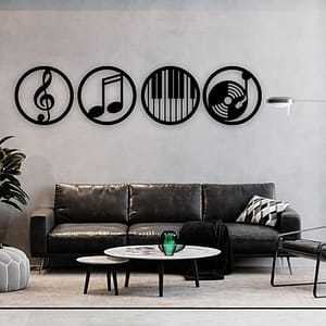 Black color Wall art circle shaped four pieces with musical signs