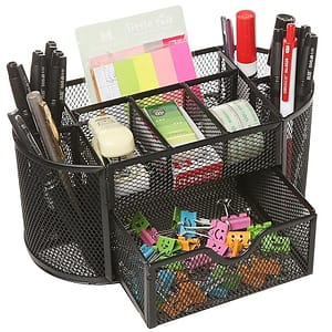 Black color office organizer with pens marker sticky notes inside