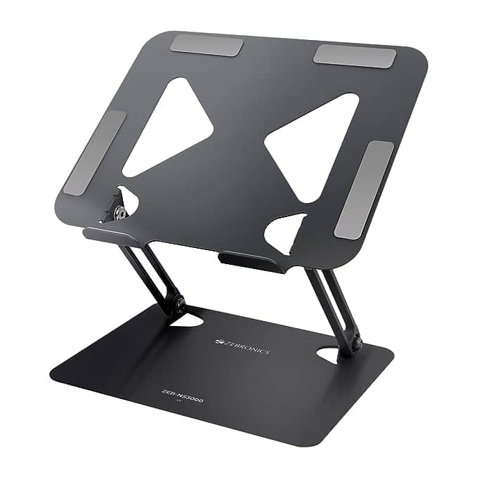 a black laptop stand with a metal base