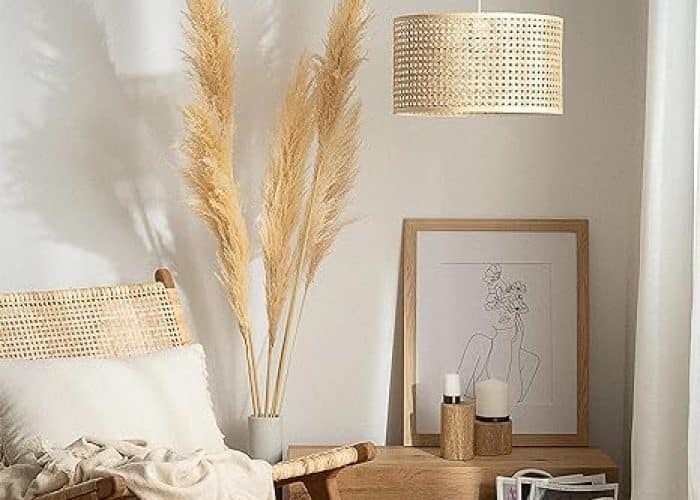 A living room with Hanging lamp of golden color